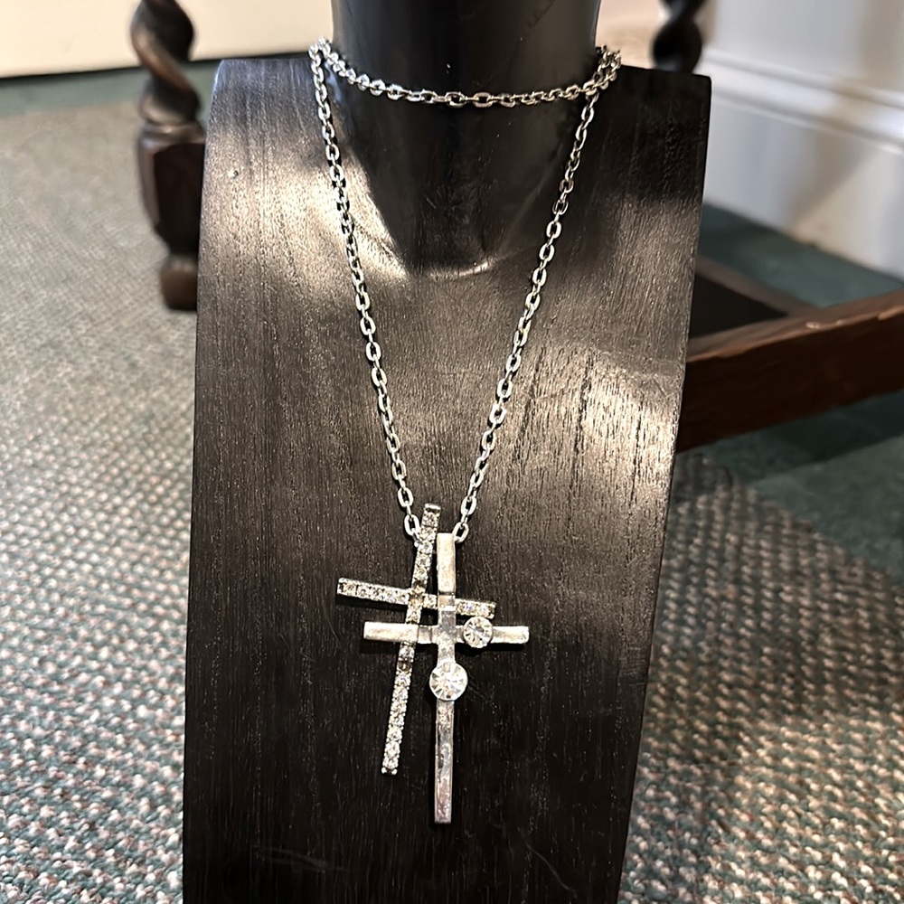 Crystal Jewel Double Crosses ChainLink Stainless Steel Luxury Costume Jewlery